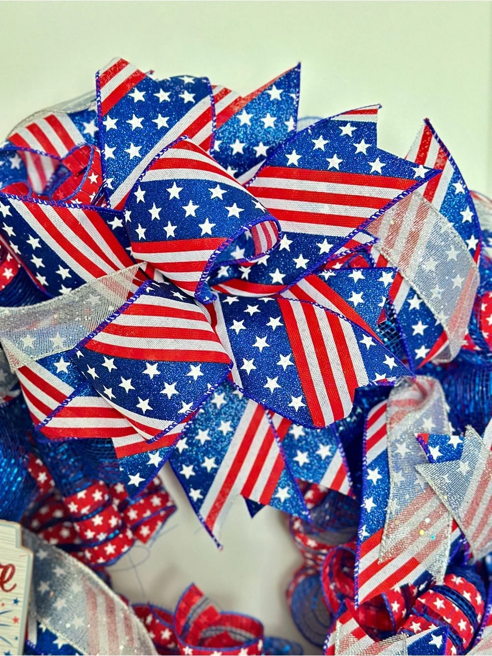 Patriotic Stars & Stripes Deco Mesh Wreath | 26” July 4th Door Decor USA Sign